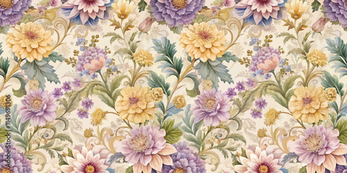 Delicate floral pattern featuring vibrant yellow and purple blooms on a soft background.