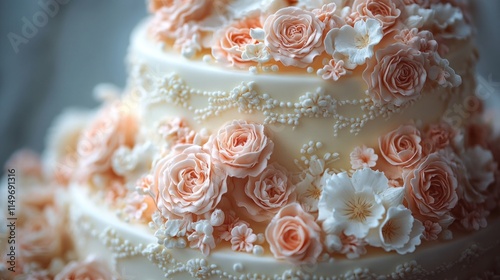 Elegant three-tiered wedding cake, floral decorations.