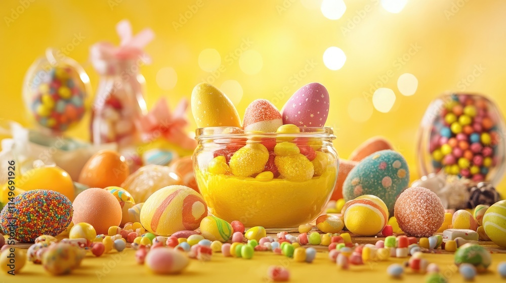 A cheerful Easter setup with painted eggs and sugary candies against a sunny yellow background, capturing festive joy. A cheerful Easter setup with painted eggs and sugary candies against a sunny yellow background, capturing festive joy.