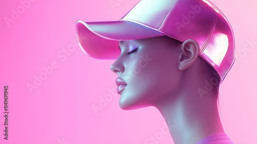 Profile of a woman wearing a pink metallic baseball cap against a pink background.