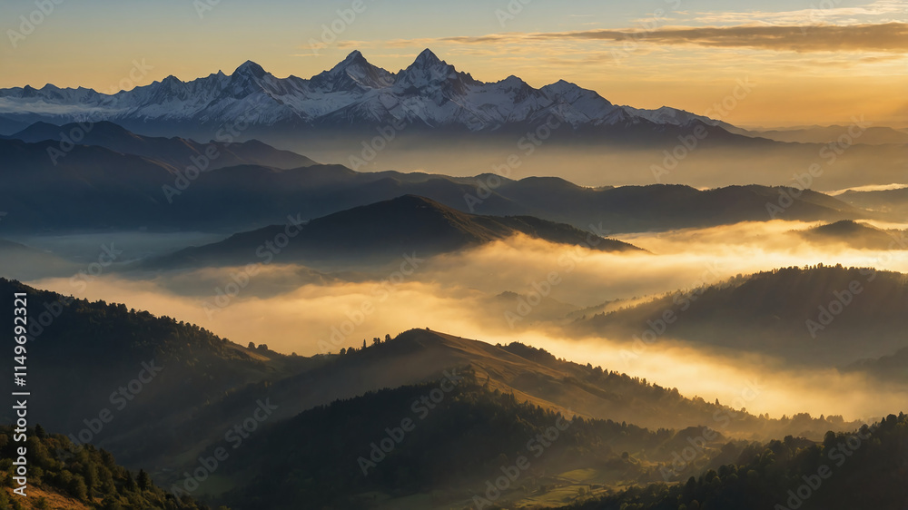 Obraz premium Sunrise over mountain range with golden light