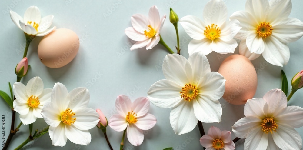 Fototapeta premium A delicate mix of white and pastel-colored flowers, with a few hard-boiled eggs placed gently among them, gentle touch, white flowers, springtime decor