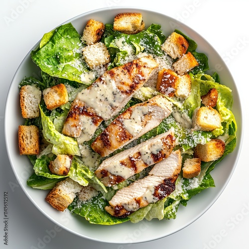 A classic chicken Caesar salad with grilled chicken, romaine lettuce, croutons