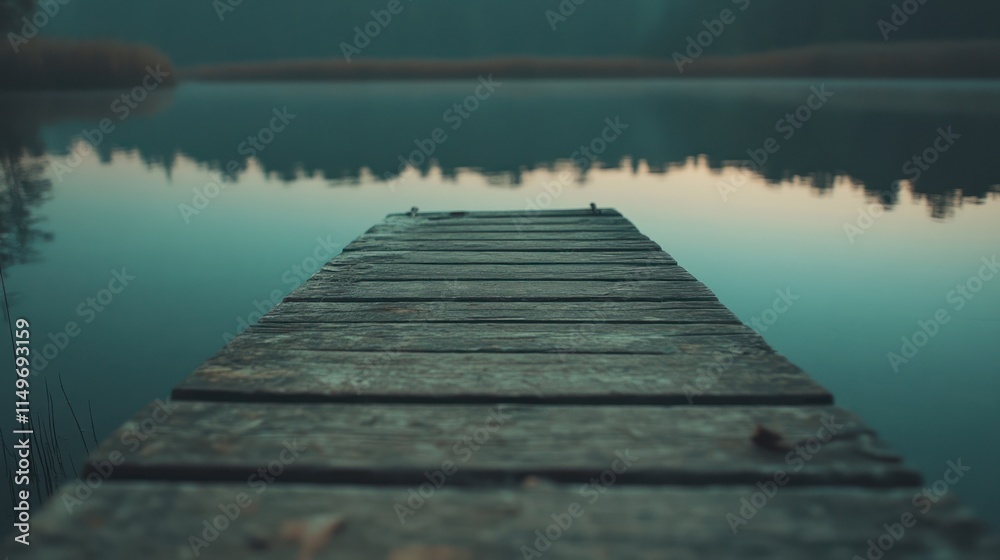 Obraz premium Serene misty morning at a lake with wooden dock.