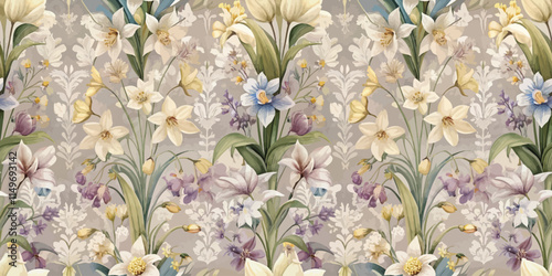 Elegant floral pattern featuring diverse flowers in soft pastel colors.