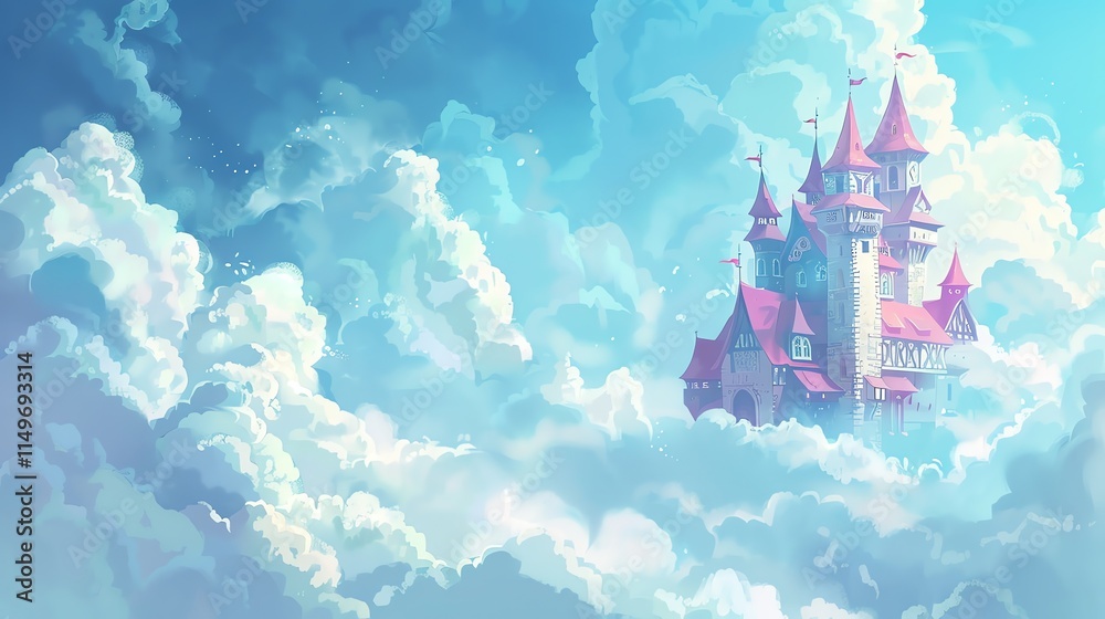A fairytale castle floating above the clouds in a bright blue sky. A fairytale castle floating above the clouds in a bright blue sky.