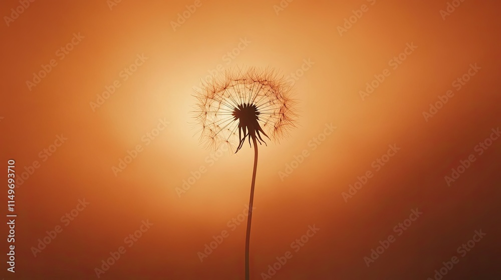 Fototapeta premium A single dandelion seed head silhouetted against a glowing orange sunset sky, symbolizing hope and beauty in simplicity.