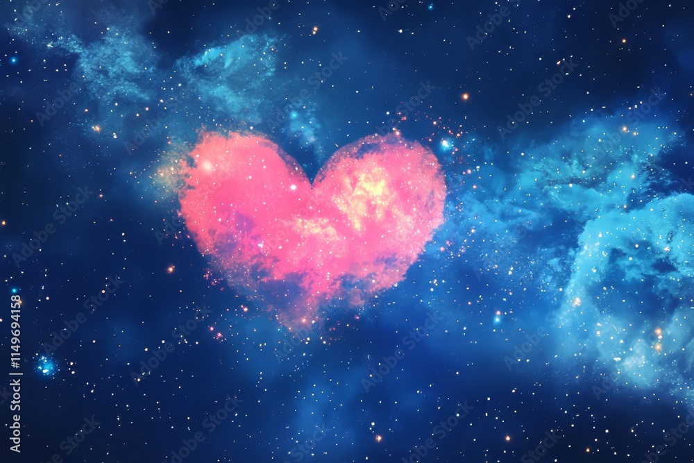 Pink nebula in the shape of a heart on a background of a blue nebula, space full of stars. Pink nebula in the shape of a heart on a background of a blue nebula, space full of stars.