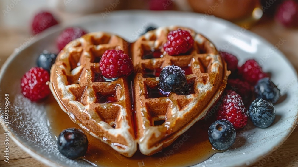 Heart-shaped waffles topped with fresh berries and syrup in a cozy setting Heart-shaped waffles topped with fresh berries and syrup in a cozy setting