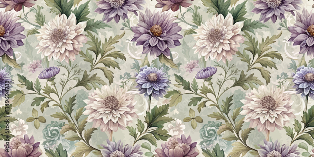 Elegant floral pattern featuring soft pastel hues with various flowers and leaves.