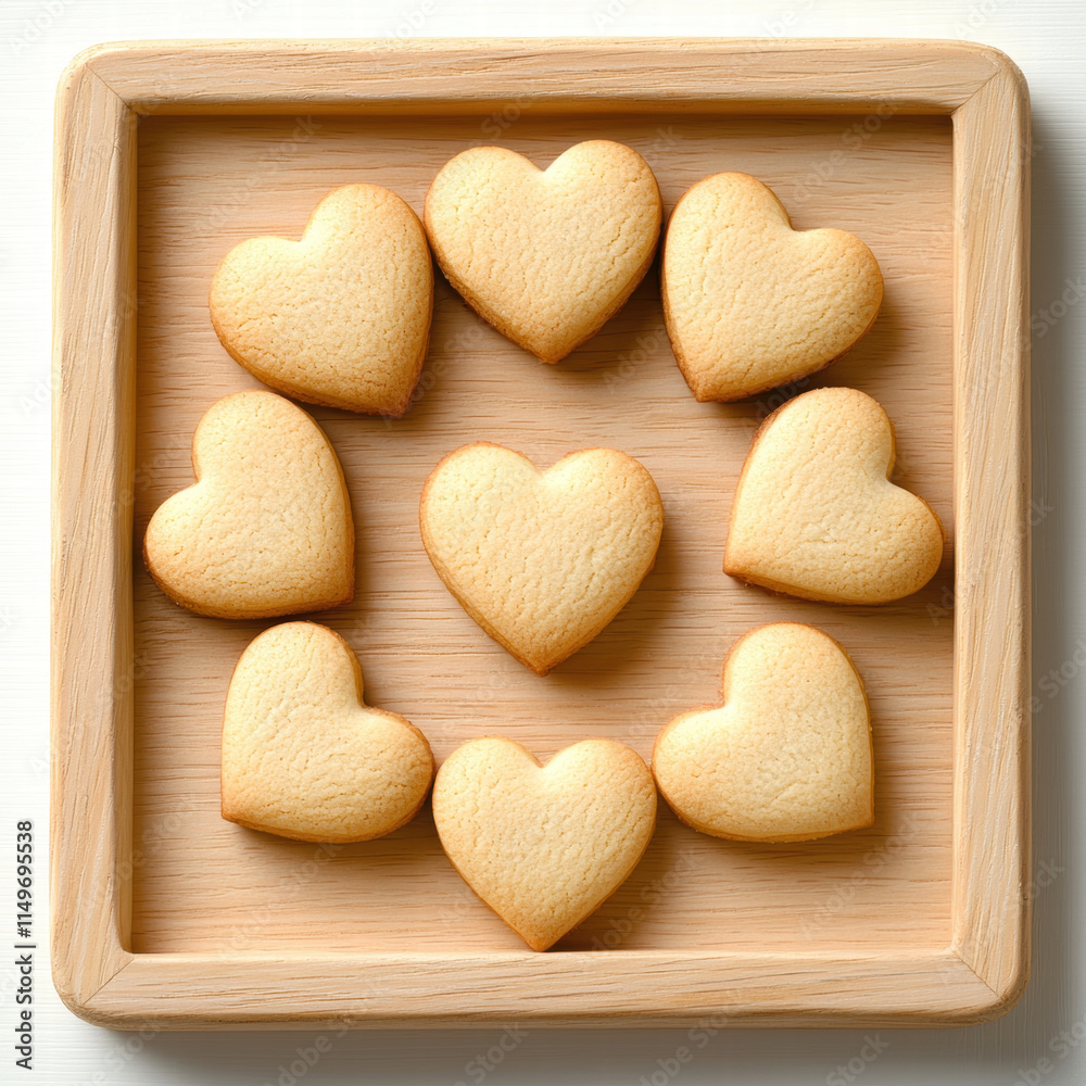 Obraz premium Delicious heart shaped cookies arranged in circular pattern on wooden tray, perfect for celebrations