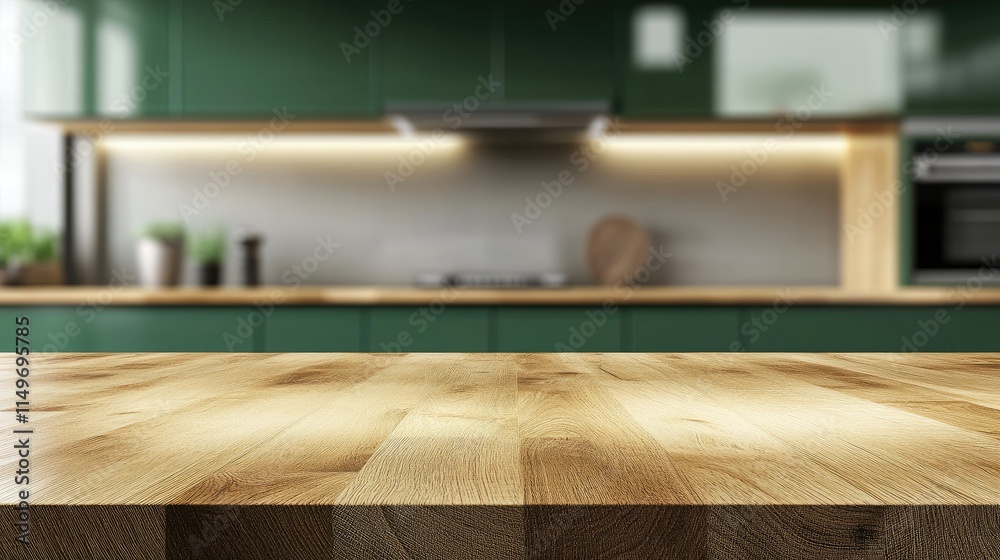 Naklejka premium Modern Kitchen Interior with Wooden Countertop and Green Cabinets