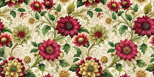 Vibrant floral pattern featuring red and yellow flowers on a delicate background.
