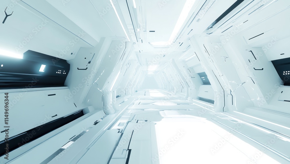 Fototapeta premium Futuristic white corridor with glowing lights.