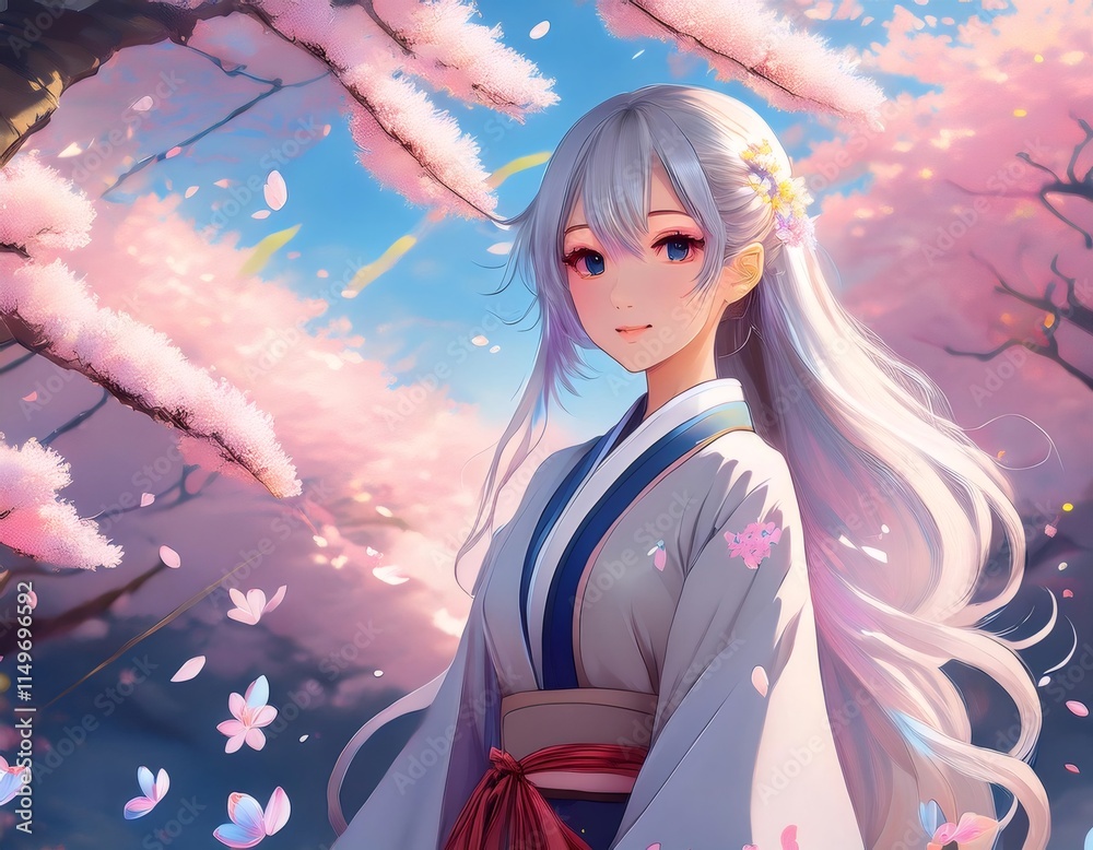 Anime girl with long white hair wearing traditional japanese kimono standing under sakura tree with pink petals falling during spring Anime girl with long white hair wearing traditional japanese kimono standing under sakura tree with pink petals falling during spring