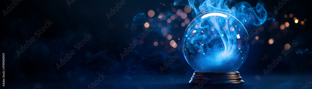 A mystical crystal ball glowing with blue light and swirling smoke on a dark background. A mystical crystal ball glowing with blue light and swirling smoke on a dark background.