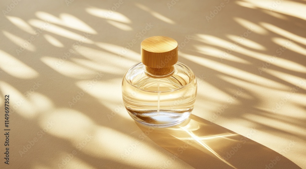 Glass perfume bottle with wooden cap in sunlight. Glass perfume bottle with wooden cap in sunlight.