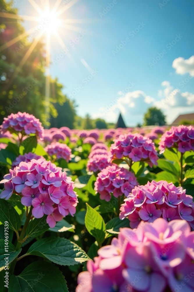 Obraz premium A garden full of colorful flowers sways gently in the breeze under a radiant sun, hydrangeas, pink, flower field