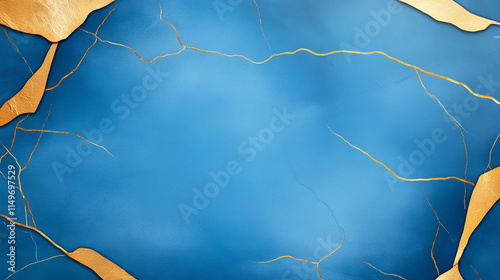 A vibrant blue background framed with elegant gold accents and subtle cracks.