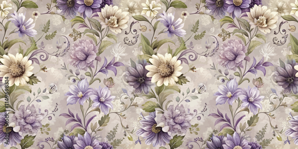 Delicate floral pattern featuring purple and cream blooms on a soft background.