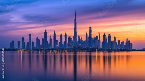 Stunning sunset cityscape reflected in calm water.