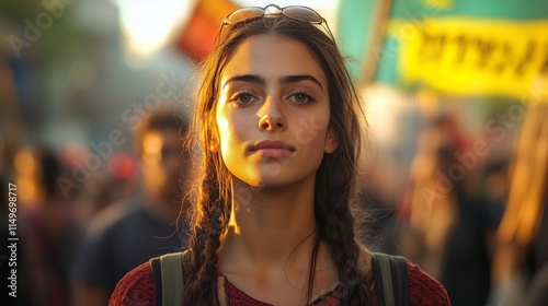 Young woman with braids in sunset light, standing calmly in a vibrant festival crowd. photo