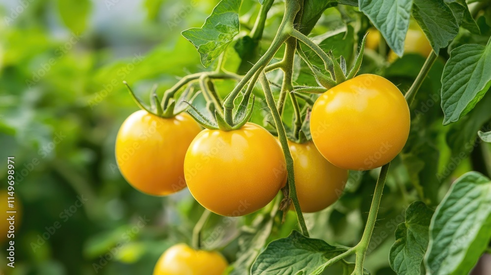 Fresh Yellow Tomatoes Growing on Green Vines in Natural Setting Fresh Yellow Tomatoes Growing on Green Vines in Natural Setting
