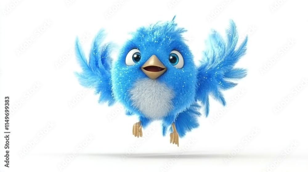 Obraz premium Cute fluffy blue bird cartoon character in flight.