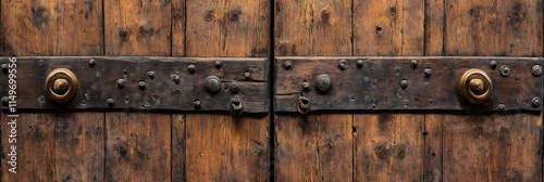Close-up of antique double wooden door with aged metal accents.
