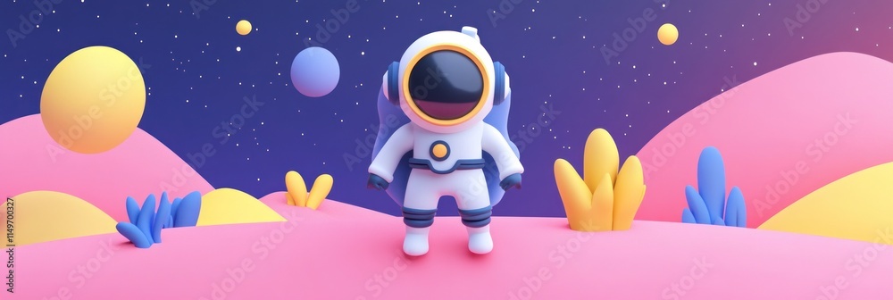Cute astronaut standing on a vibrant alien planet. Cute astronaut standing on a vibrant alien planet.