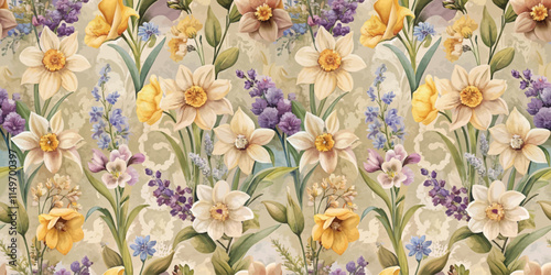 A vibrant floral wallpaper featuring blooming flowers in soft pastel tones.