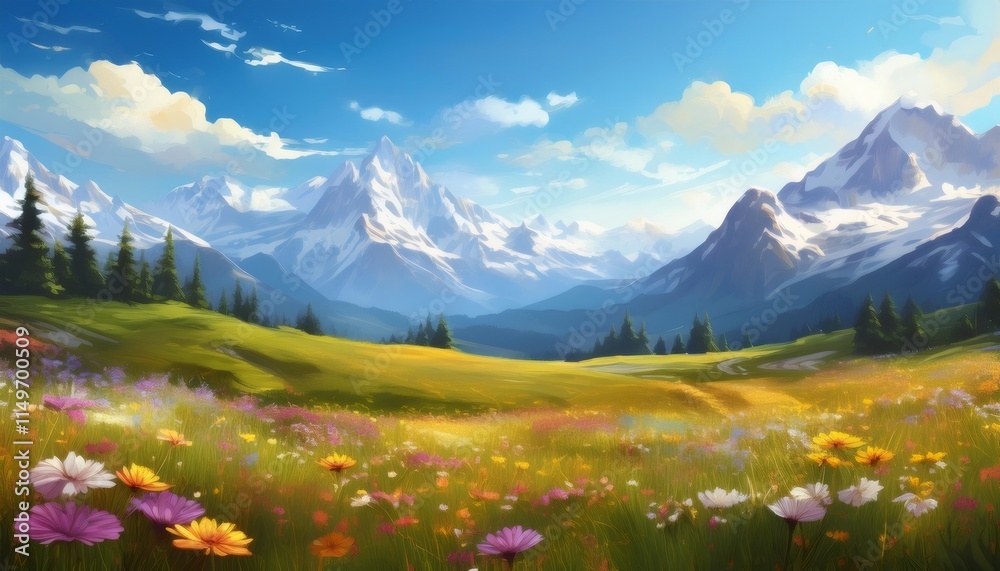 Fototapeta premium Vibrant wildflower meadow stretching beneath towering snow capped mountain peaks, displaying stunning natural alpine landscape composition