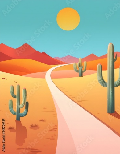 Minimalist vector illustration of a winding road crossing a desert landscape with cacti and red mountains under a big sun