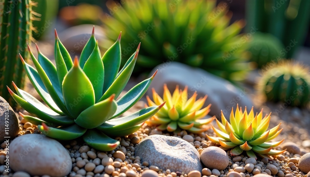 Fototapeta premium Agave and torch aloe plant paired with succulent rocks in a desert garden landscape, desert garden, outdoor, gardening