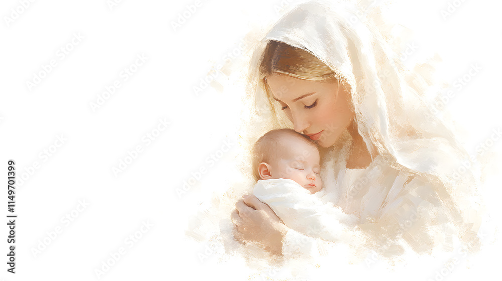 Beautiful painting of Mary, the mother, with the baby Jesus, portraying a tender and sacred moment of love and devotion, capturing the warmth and compassion of motherhood, and symbolizing purity, fait Beautiful painting of Mary, the mother, with the baby Jesus, portraying a tender and sacred moment of love and devotion, capturing the warmth and compassion of motherhood, and symbolizing purity, fait