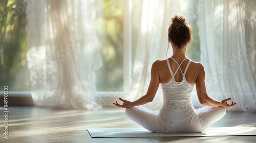 Free Download Serene Woman Meditating in White Yoga Outfit by Sunlit Window - GFXLoad