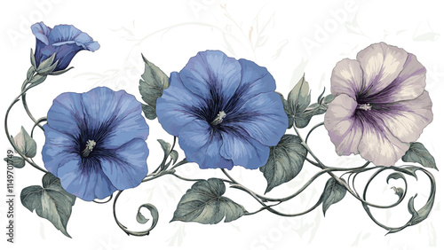 Soft blue and purple Morning Glory flowers with twisting green vines, beautifully depicted in an antique vintage engraving style