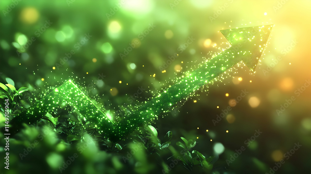 A green arrow made of sparkles rises among lush foliage, symbolizing growth and progress. A green arrow made of sparkles rises among lush foliage, symbolizing growth and progress.