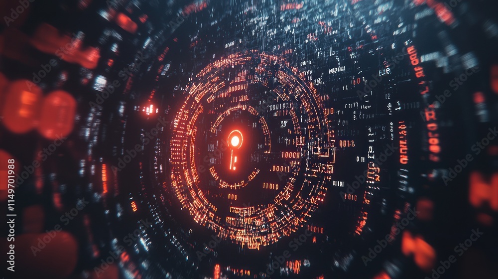 Obraz premium Abstract digital keyhole inside a futuristic red and black circular interface.