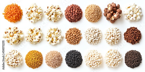 An assortment of various grains and popcorn in a row on a white background.