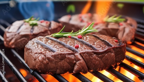 Sizzling Beef Ribeye Steak Grilling on a Flaming Grill Perfect for th of July Celebrations with Friends and Family, Enjoying Delicious BBQ Flavors Under the Summer Sun photo