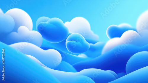 A cartoon-style digital illustration of floating clouds, rounded and fluffy forms, dispersed over a bright blue sky with subtle texture, various shapes and sizes to create visual interest, minimalisti