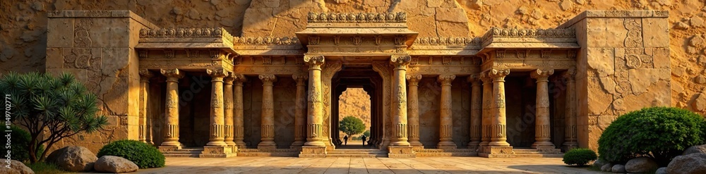 Fototapeta premium Ancient temple with golden metallic background, historic landmark, stone architecture, metal background