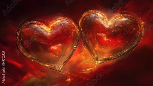 Floating translucent hearts with glowing edges on a deep red Valentinebackdrop. photo