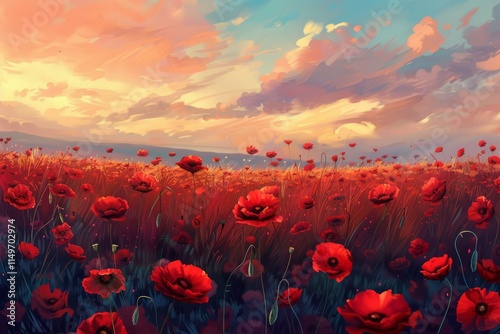 Red poppies create a vibrant display in a field, bathed in the warm glow of the setting sun
