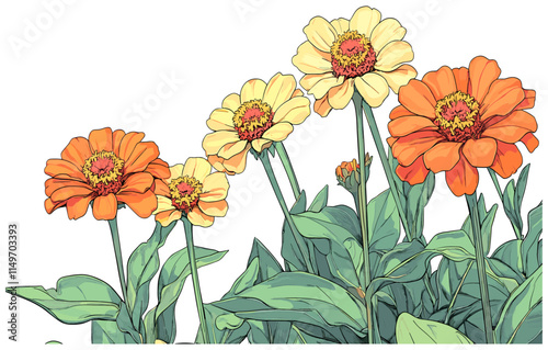 2050s Zinnia flowers, with their bright orange and yellow petals and rich green leaves, captured in a detailed, sketchy engraving style, emphasizing their intricate beauty.