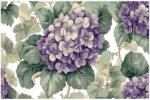 2055 Cineraria rendered in a vintage engraving style, blending soft purples and greens to create a captivating old-world charm with a timeless, classic appeal.