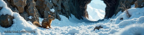 Arctic ground squirrel surveys abandoned mine building, snow, mine, rodent photo