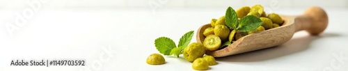 Aromatic dried leaves of Aloysia citrodora in a wooden scoop on a white background, plant, nature photo