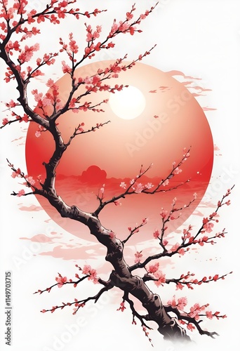 Elegant Cherry Blossom and Red Sun Minimalist Manga Art photo